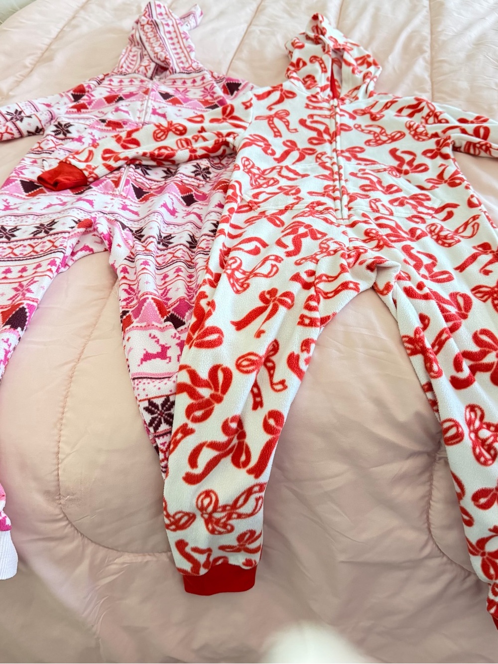 Two Cat & Jack Red/white and pink/white Print Fleece Hoodie Onesies.